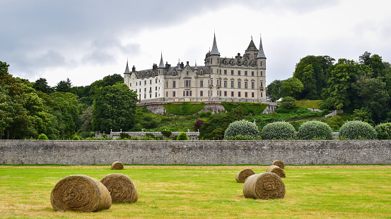 Golspie, United Kingdom - July 7, 2023: Dunrobin castle and gardens, round straw bales drying in field outside the castle wall.  Scotland landmark, United Kingdom, travel Europe