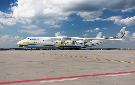 PRAGUE, Czech republic - May 10, 2016. Antonov-225 Mriya - the largest cargo plane in the world at Vaclav Havel Airport Prague on May 10, 2016