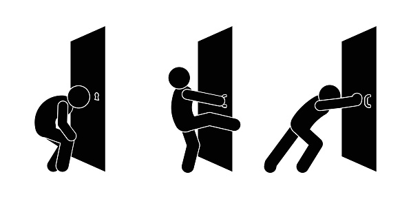 man and door icon set, closed door illustration, exit symbol