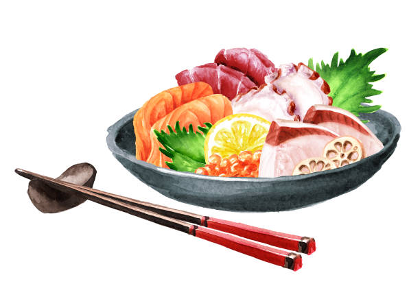 istock Japanese Sashimi set. Hand drawn watercolor illustration, isolated on white background 1970855048