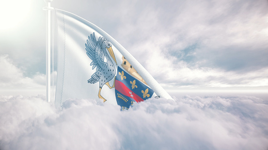 National flag soaring in sky, Flag waving proudly above clouds at sunrise
