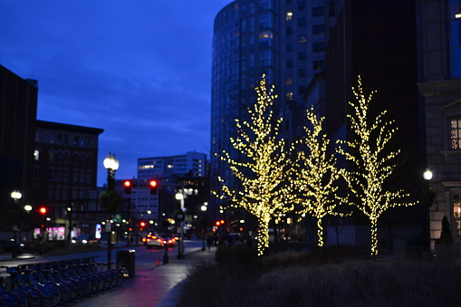 A crisp night during the holiday season in Boston, with lighted trees, vehicle headlights, and street lamps illuminating the setting against a deep, blue sky.