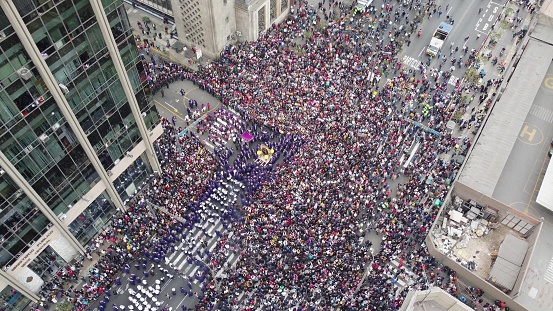 Aerial view of the procession of the Lord of Miracles that is celebrated in Lima - Peru in October