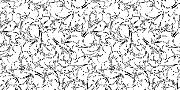 Seamless vector floral pattern of decorative flexible plants, black and white background for textile,paper,wallaper
