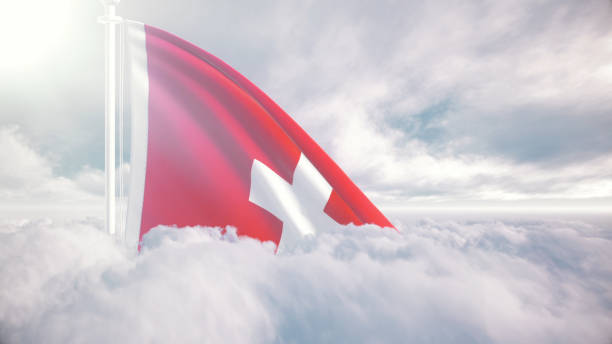swiss flag waving above the clouds, the concept of switzerland liberty and patriotism, national flag waving proudly above the clouds, symbolizing freedom, independence day, celebration, freedom, patriotic, power and freedom, - day sky swedish flag banner foto e immagini stock