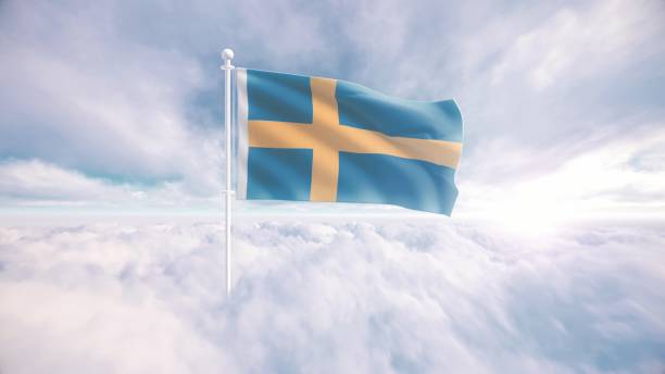 swedish flag waving above the clouds, the concept of sweden liberty and patriotism, national flag waving proudly above the clouds, symbolizing freedom, independence day, celebration, freedom, patriotic, power and freedom, - day sky swedish flag banner foto e immagini stock