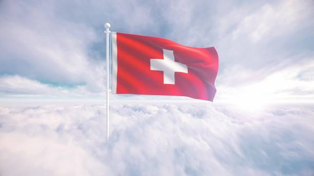 swiss flag waving above the clouds, the concept of switzerland liberty and patriotism, national flag waving proudly above the clouds, symbolizing freedom, independence day, celebration, freedom, patriotic, power and freedom, - day sky swedish flag banner foto e immagini stock