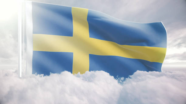 swedish flag waving above the clouds, the concept of sweden liberty and patriotism, national flag waving proudly above the clouds, symbolizing freedom, independence day, celebration, freedom, patriotic, power and freedom, - day sky swedish flag banner foto e immagini stock