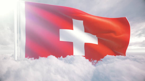 швейцарский флаг, развевающийся над облаками, концепция свободы и патриотизма швейцарии, национальный флаг, гордо развевающийся над облак� - day sky swedish flag banner стоковые фото и изображения