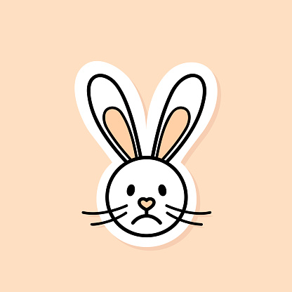 Sad Easter Bunny face sticker, unhappy cartoon character, vector element