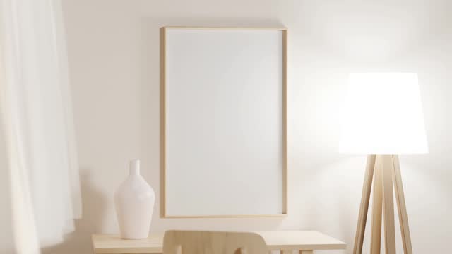 Photo frame in white interior with animated curtain