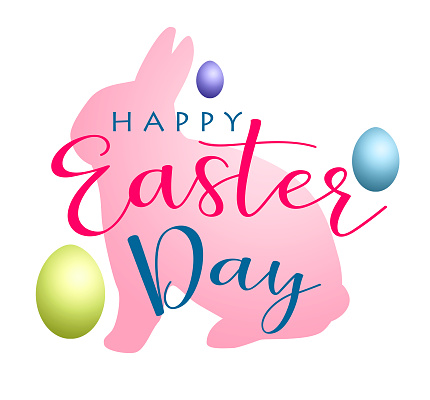 Easter bunny silhouette with multi colored Easter eggs and Happy Easter Day lettering. Isolated on a white background.