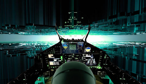 State of the art F-35 A stealth strike fighters in flight above a desert location. Scale model photography.