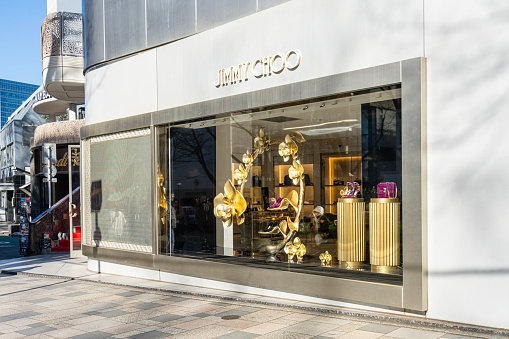 Tokyo, Japan. January 9, 2024. Exterior view of the Jimmy Choo luxury brand store in the city center