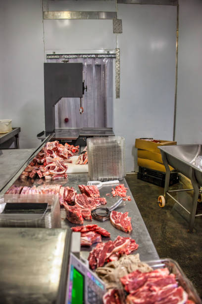 Meat carcasses  being delivered hanging in the back of a truck.