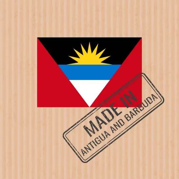 Vector illustration of Made in Antigua and Barbuda badge vector. Sticker with stars and national flag. Ink stamp isolated on paper background.