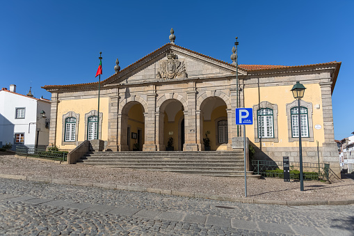 Exterior view at the Almeida municipal council facade building or Camara Municipal de Almeida, on Liberdade square, on Almeida city, Portugal