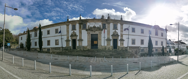 Panoramic view at the Gouveia Council Town Hall building, located on downtown, historic and picturesque buildings, Gouveia city, Portugal