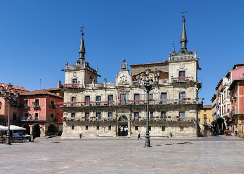 View at the León Plaza Mayor, or Leon Mayor square, Old Town Hall of León, Municipal Plastic Arts Workshop, central plaza on downtown, an iconic city plaza