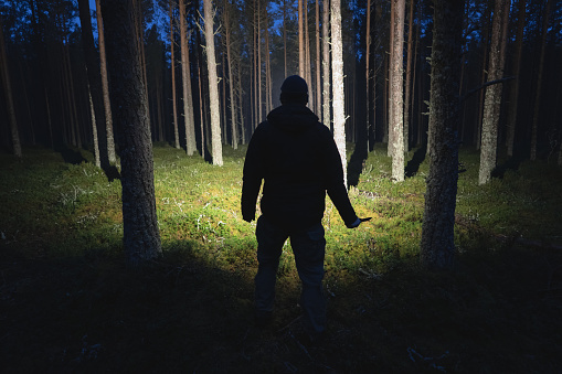 Silhouette of a man with a knife and a flashlight in a dark forest. High quality photo