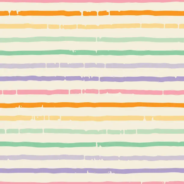 Vector illustration of Stripe line pattern. Retro trippy style. Rainbow 60s groovy grunge hand drawn background. Ink brush abstract design seamless pattern. Psychedelic wallpaper. Horizontal vintage pastel texture print