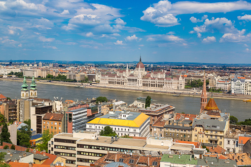 Panoramic view of  Budapest and Parliament Building in Hungary in a beautiful summer day