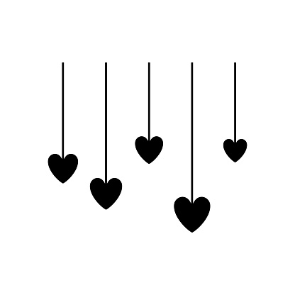 Hanging hearts icon. Black silhouette. Vertical front view. Vector simple flat graphic illustration. Isolated object on a white background. Isolate.