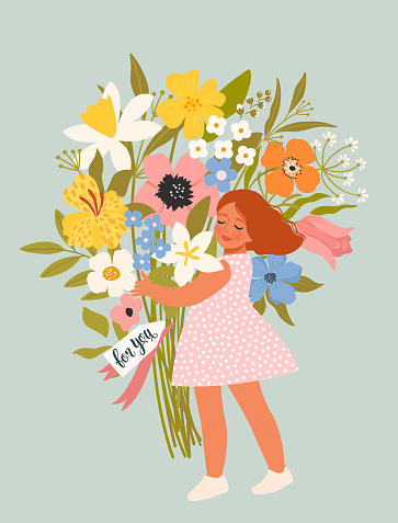 The child is hidden behind a large bouquet of flowers, for the best mom, cute vector illustration for Happy Mother's Day.