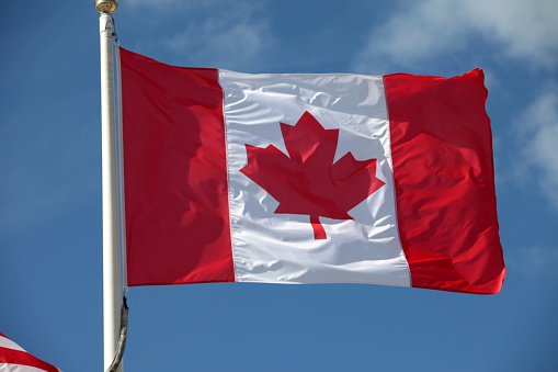 Woman holding canadian flag against blue sky