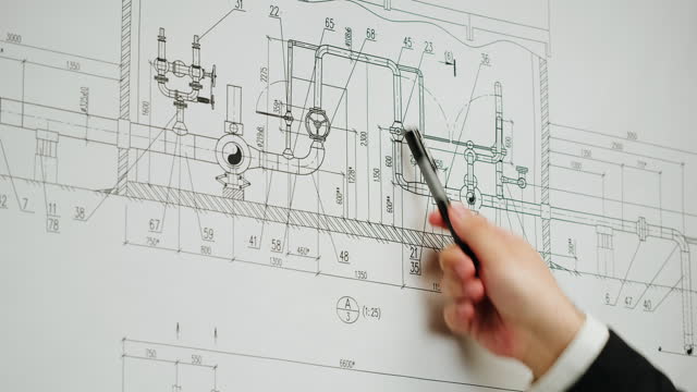 Architect designer working with plan blueprint close-up. Professional engineer showing on scheme, interior creator making architectural house project, drafting building.
