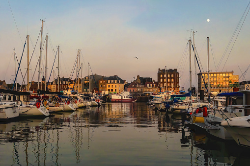Marina of Dieppe, a city in Normandy, quiet summer evening, twilight. July, 13 2019. Dieppe, France