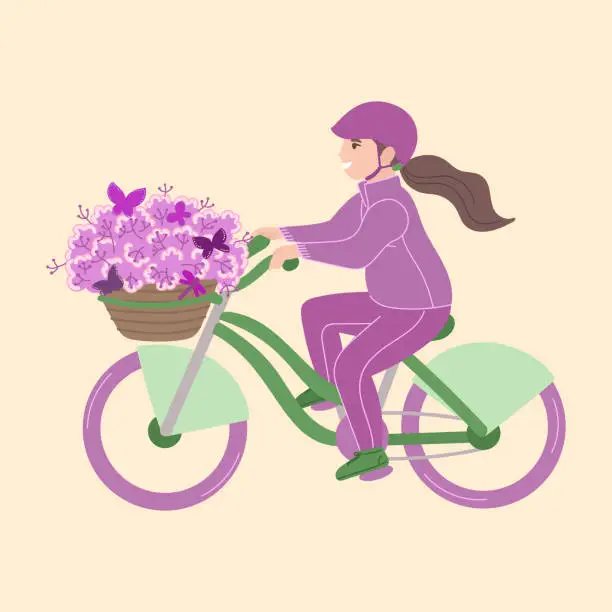 Vector illustration of Happy little girl cycling at springtime in flat cartoon design. Vector illustration isolated