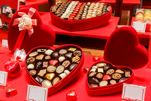 Heart shaped boxes of chocolate candies. Valentine Day concept