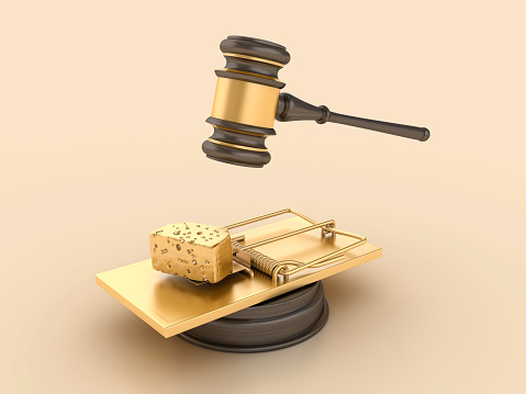Mouse Trap on Legal Gavel - Colored Background - 3D Rendering