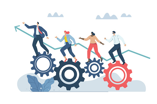 Successful teamwork, Team cooperation helps mission success, Driving the concept of efficient work processes in business organizations, Teamwork helps drive the gears together. Vector illustration.