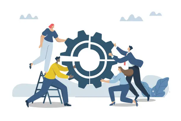 Vector illustration of Connecting business mechanisms, Partnering to increase organizational efficiency, Working together as a team to succeed, Business men and women work together to connect gears or cogs wheel together.