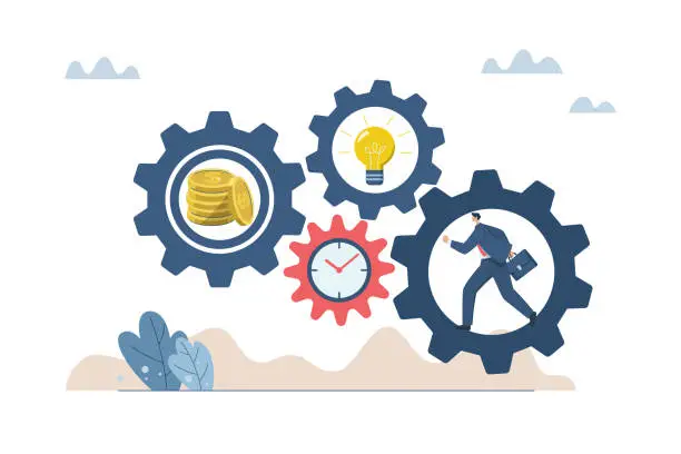 Vector illustration of Driving the concept of efficient work processes in business organizations, Links of successful business mechanisms, New idea, timing, action, Businessmen running in the cogs of the business mechanism