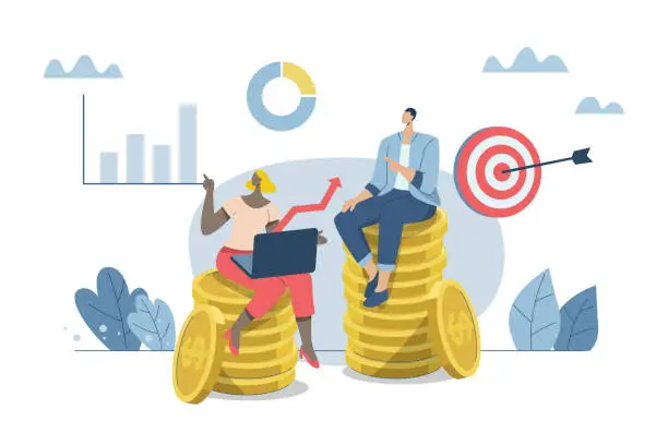 Vector illustration of Management team with vision, have all round abilities and are successful in their careers, Achieve the goal, Businessman and woman sitting on a big pile of gold coins or money. Vector illustration.