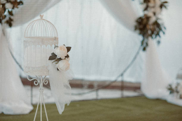 The big day - Elegant wedding decoration, white roses and flower cage