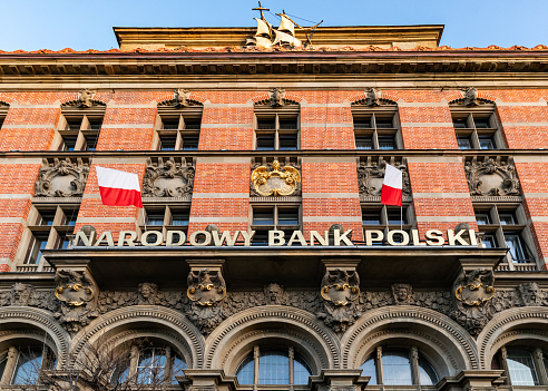 Gdansk, Poland - January 27, 2024: beautiful facade of the building of the Narodowy Bank Polski. Historical building and bank system of Poland