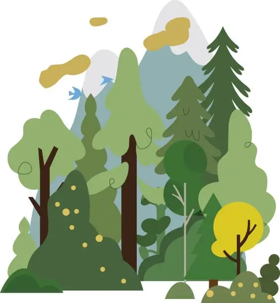 Vector illustration of 46_Illustration of a living forest with different trees and bushes and mountains in the background.