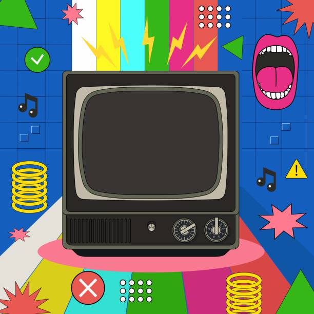 istock Retro poster with an old Retro cassette player. Boombox of 90s style. Front faced. Cartoon style. Linear retro style 1971234480