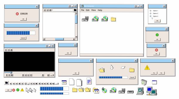 stockillustraties, clipart, cartoons en iconen met retro user interface elements 90s style. 90s retro user interface elements. - oud