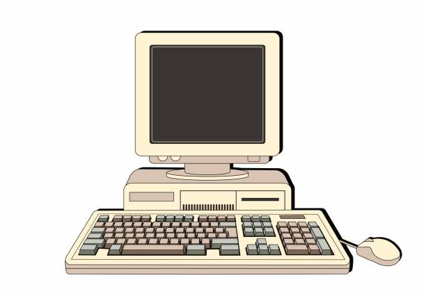 画面とキーボードを備えたレトロなコンピューター。コンピュータ80-90年代。正面を向いています。漫画風。直線的なレトロスタイル - wallpaper retro revival computer keyboard computer monitor点のイラスト素材／クリップアート素材／マンガ素材／アイコン素材