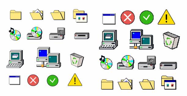 illustrations, cliparts, dessins animés et icônes de icônes d’interface pixel des années 90. éléments d’interface utilisateur rétro de style années 90. éléments d’interface utilisateur rétro des années 90. - fenêtre