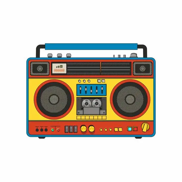 Vector illustration of Retro cassette player. Boombox of 90s style. Vector. Nostalgia for the 90s. Vector illustration on white. Front faced. Cartoon style. Linear retro style