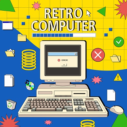 Retro poster with an old computer and keyboard in 90s style. Front faced. Cartoon style. Linear retro style