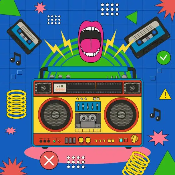 Vector illustration of Retro poster with an old Retro cassette player. Boombox of 90s style. Front faced. Cartoon style. Linear retro style