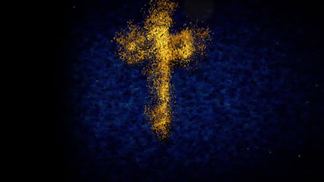Cross Jesus Christianity Symbol Gold Texture Glitter Dust Reveal On Dark Blue Shiny Grunge Subtle Grain Texture Effect Background