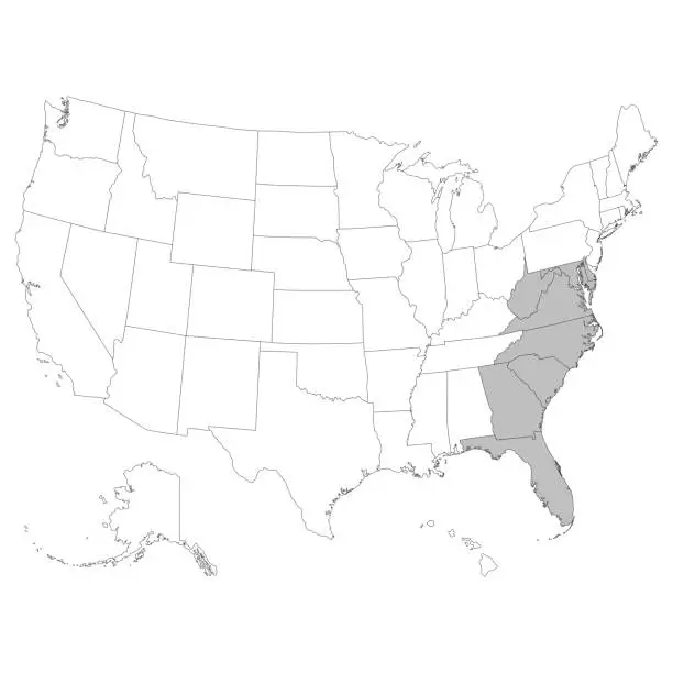 Vector illustration of USA states South Pacific regions map.